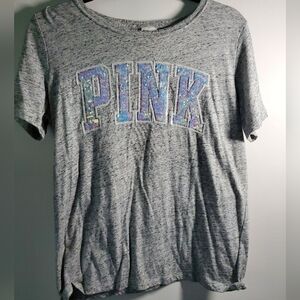 PINK Gray T-Shirt with White Sequin Lettering